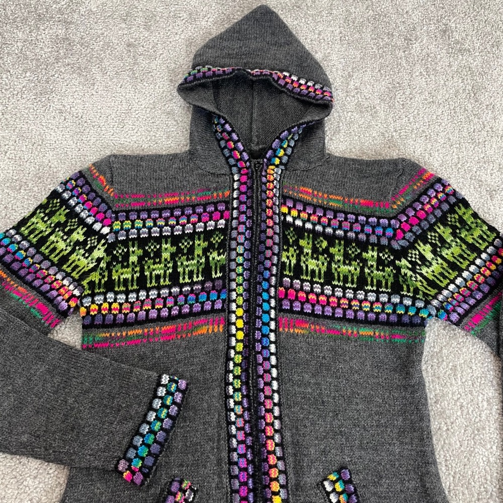Alpaca Connection Hoodie Womens Small Llama Intarsia Knit Zip Up Peru Gray Neon